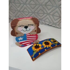 Handmade Needlepoint Plastic Canvas Tissue Box Cover - Patriotic Dog & Sunflower